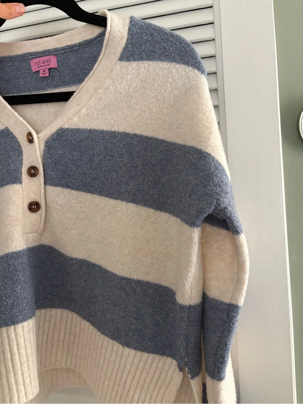miami Blue and Cream Striped V-Neck Sweater with Button Placket